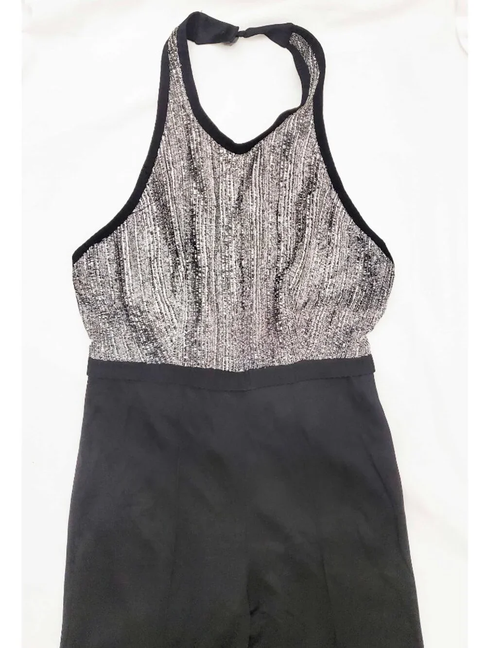 1970s Vintage Womens Disco Silver Metallic Black Bell Bottom Halter Top Jumpsuit